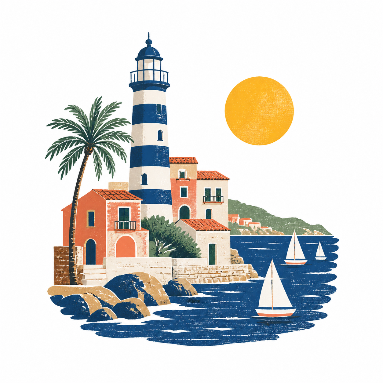 Screen-printed Mediterranean postcard with a lighthouse, terracotta buildings, a palm tree and sailboats.