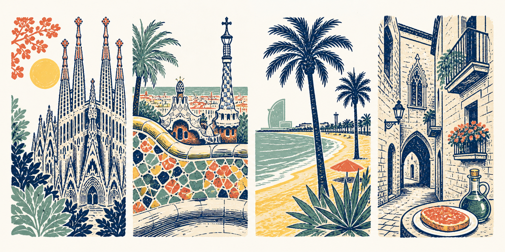 Hand-drawn Barcelona scenes including Sagrada Família, Park Güell, Barceloneta, and the Gothic Quarter.