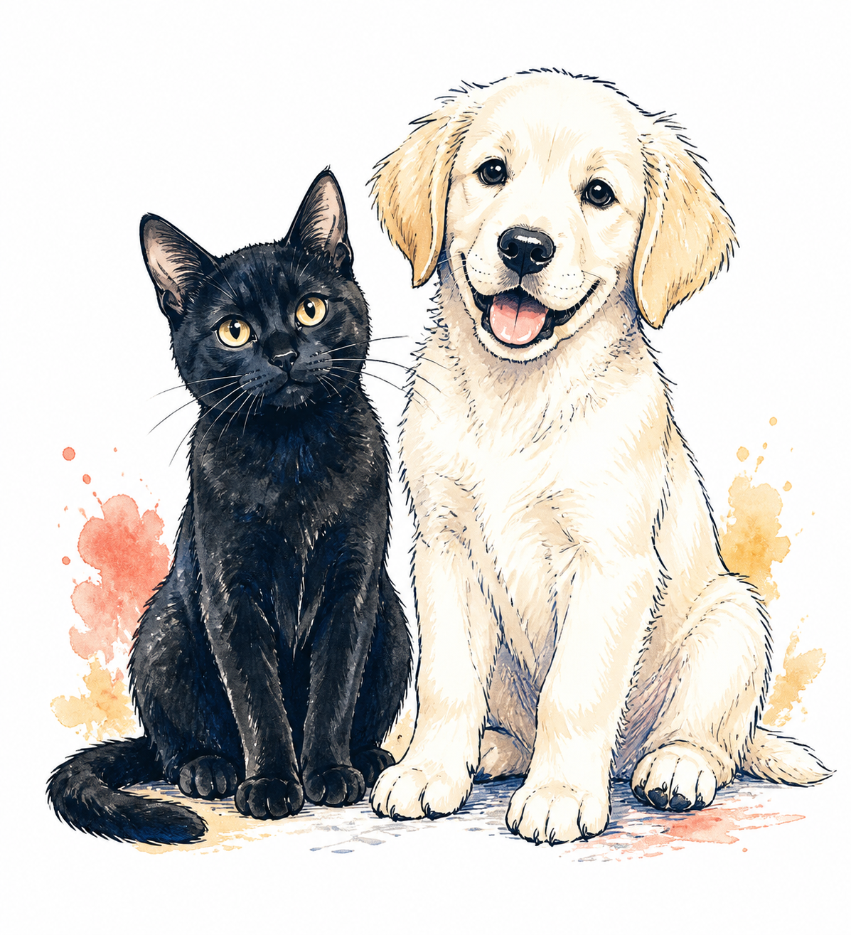 Hand-drawn black cat beside a whitish golden retriever.