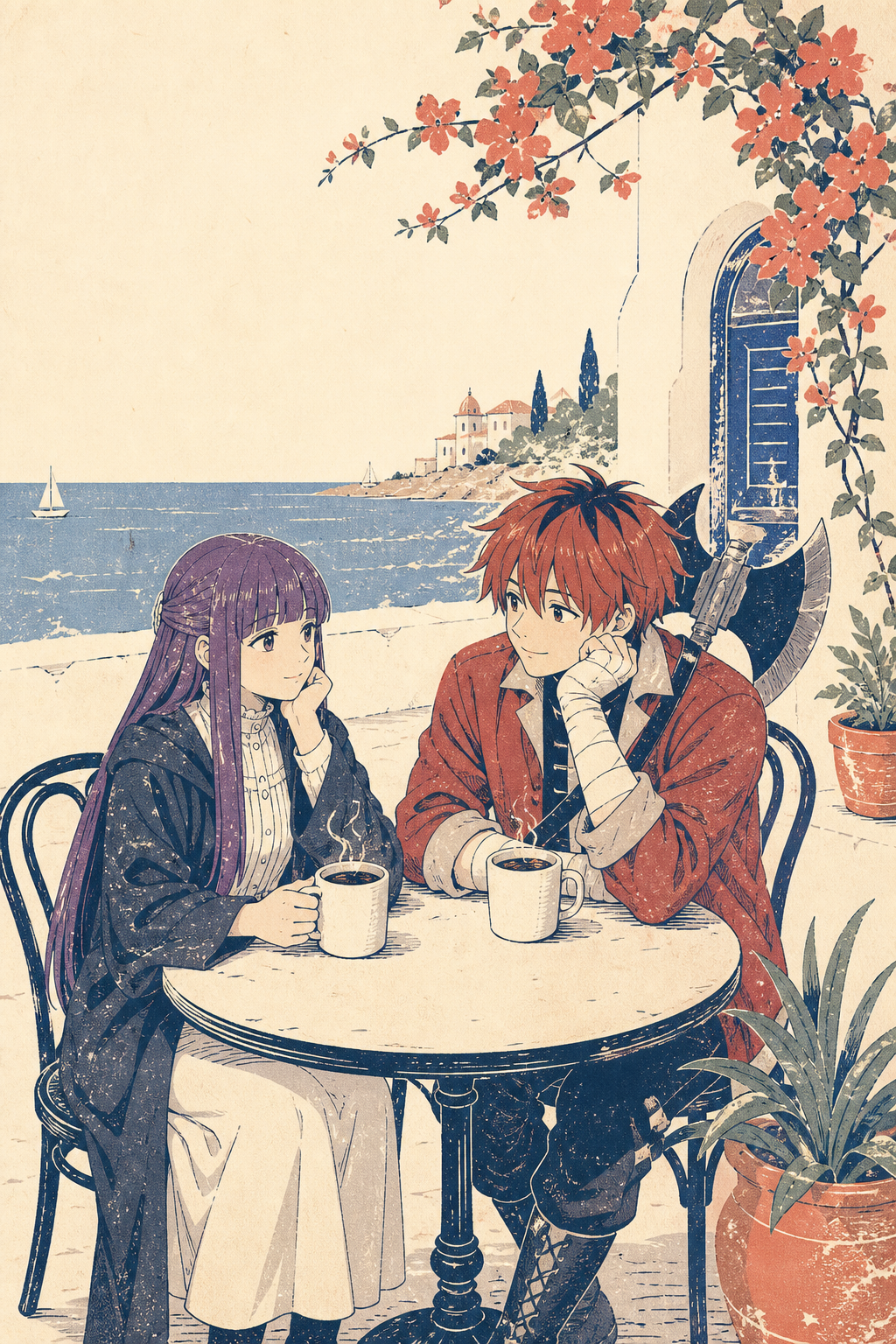 Hand-drawn Fern and Stark from Frieren sharing coffee at a seaside table by the sea.
