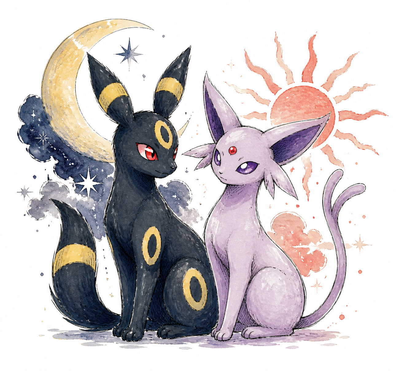 Hand-drawn Umbreon and Espeon together as a night-and-day pair.